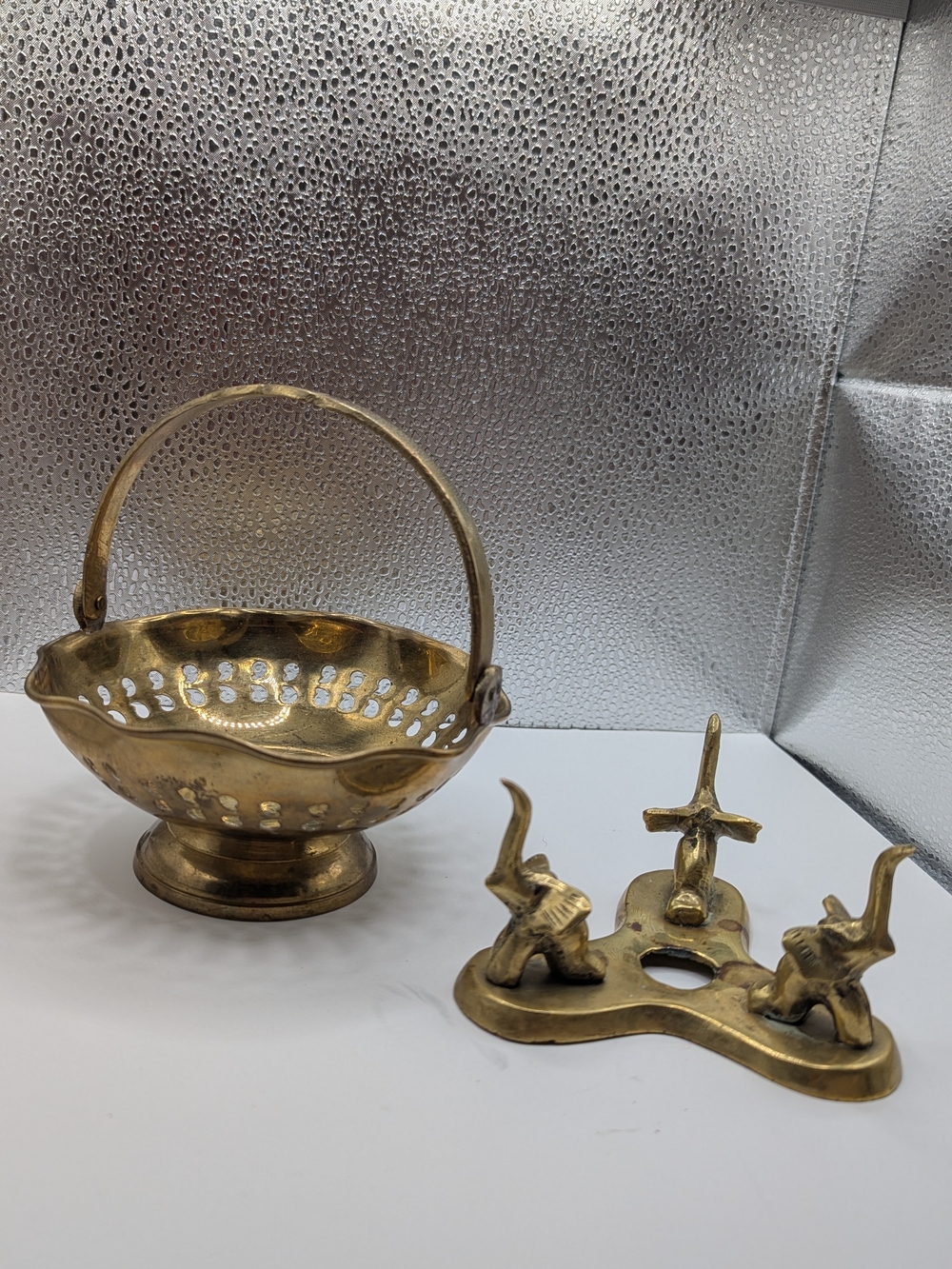 Brass Basket and Elephant Candle Holder Set - Gold Decorative Home Dining Accent